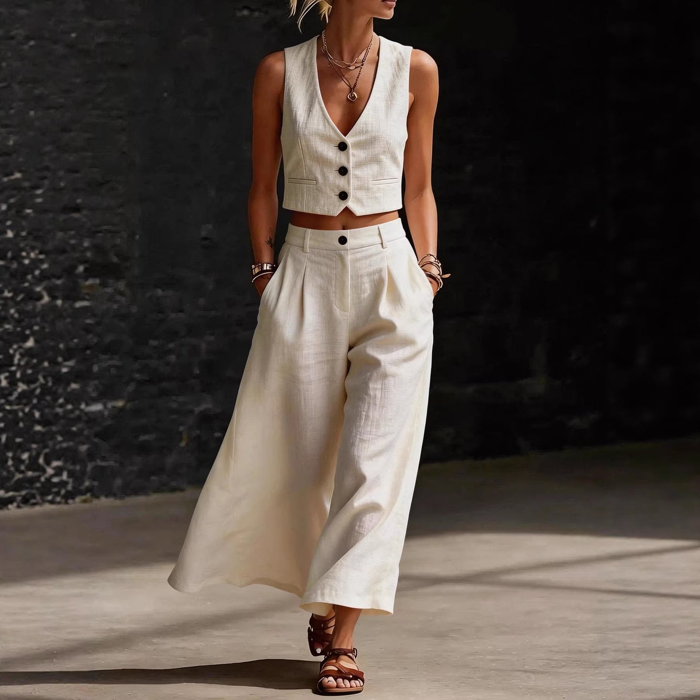 Womens Short V-Neck Vest And Wide-Leg Pants Set