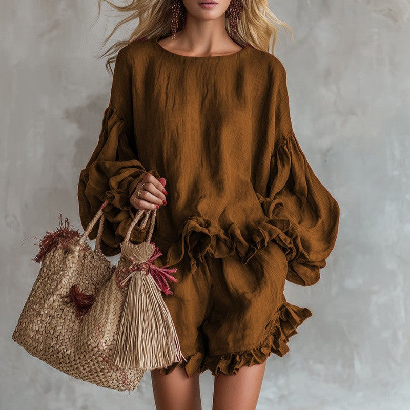 Loose-fitting Lantern-Sleeve Top And Shorts Two-Piece Set For Women