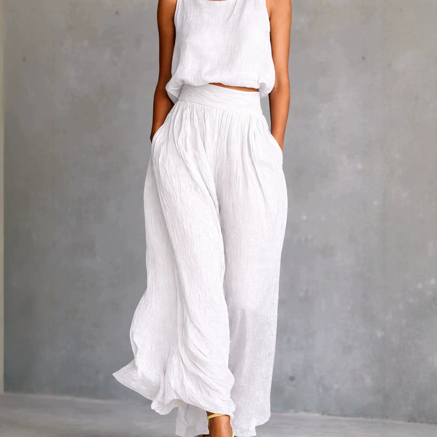 Casual Sleeveless Loose Crew-Neck Top And Wide-Leg Pants Set
