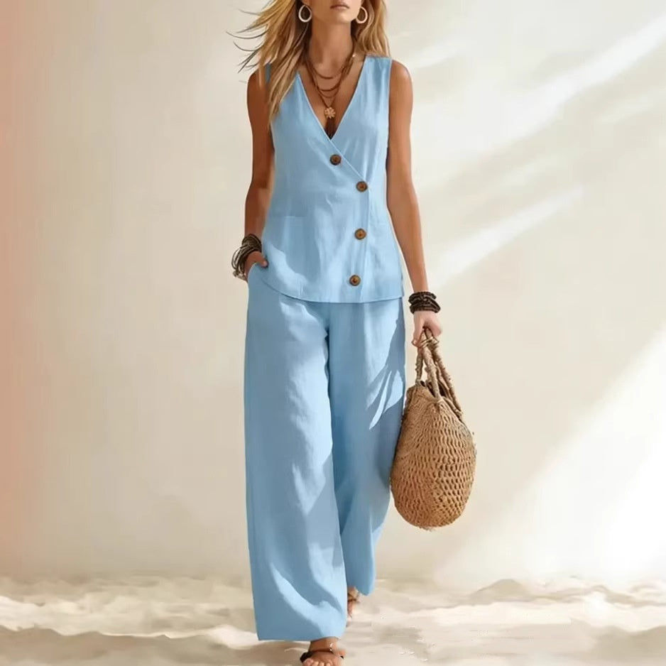 Women's Button Up Cardigan Vest Pants Set