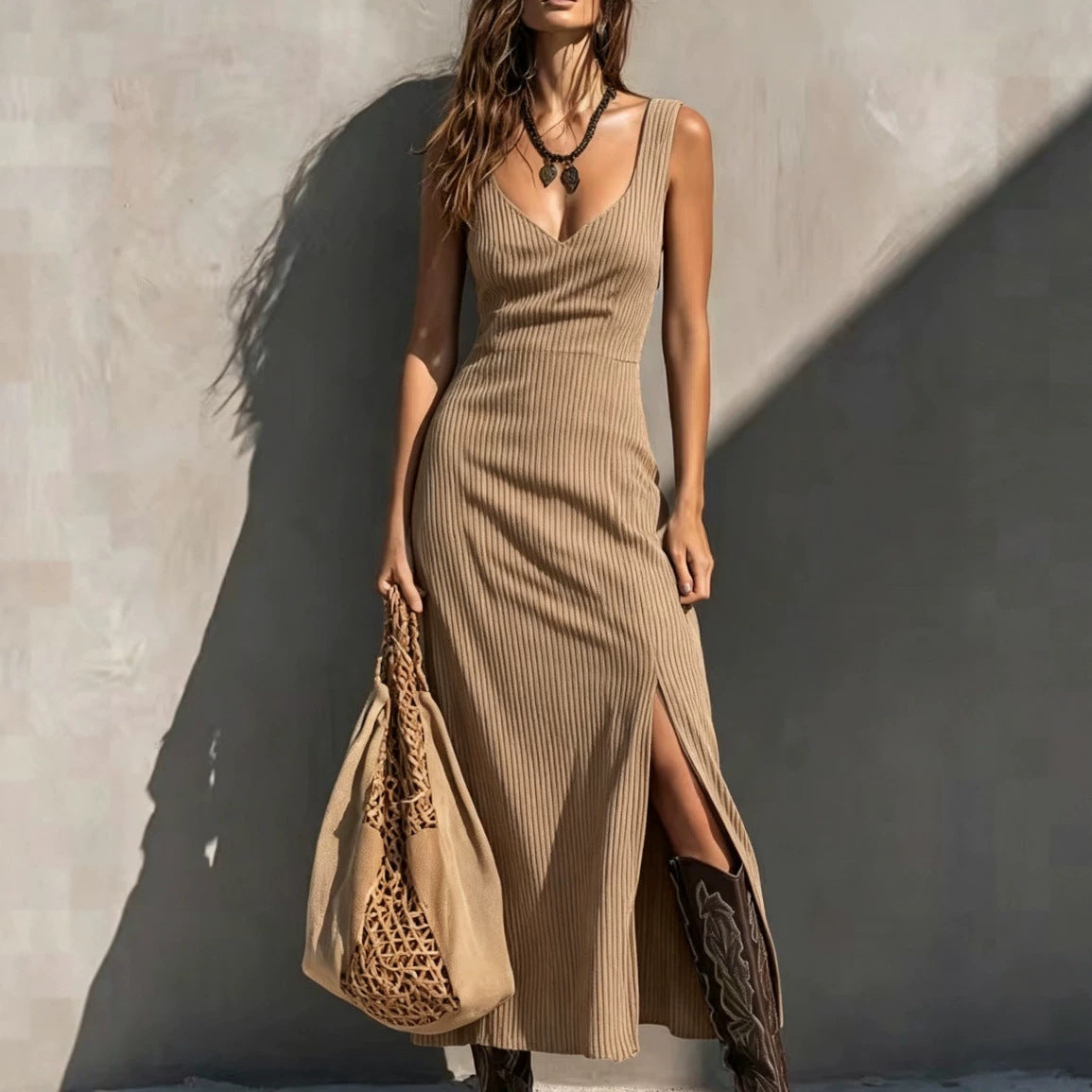 Womens Slit Slip Midi Bodycon Dress