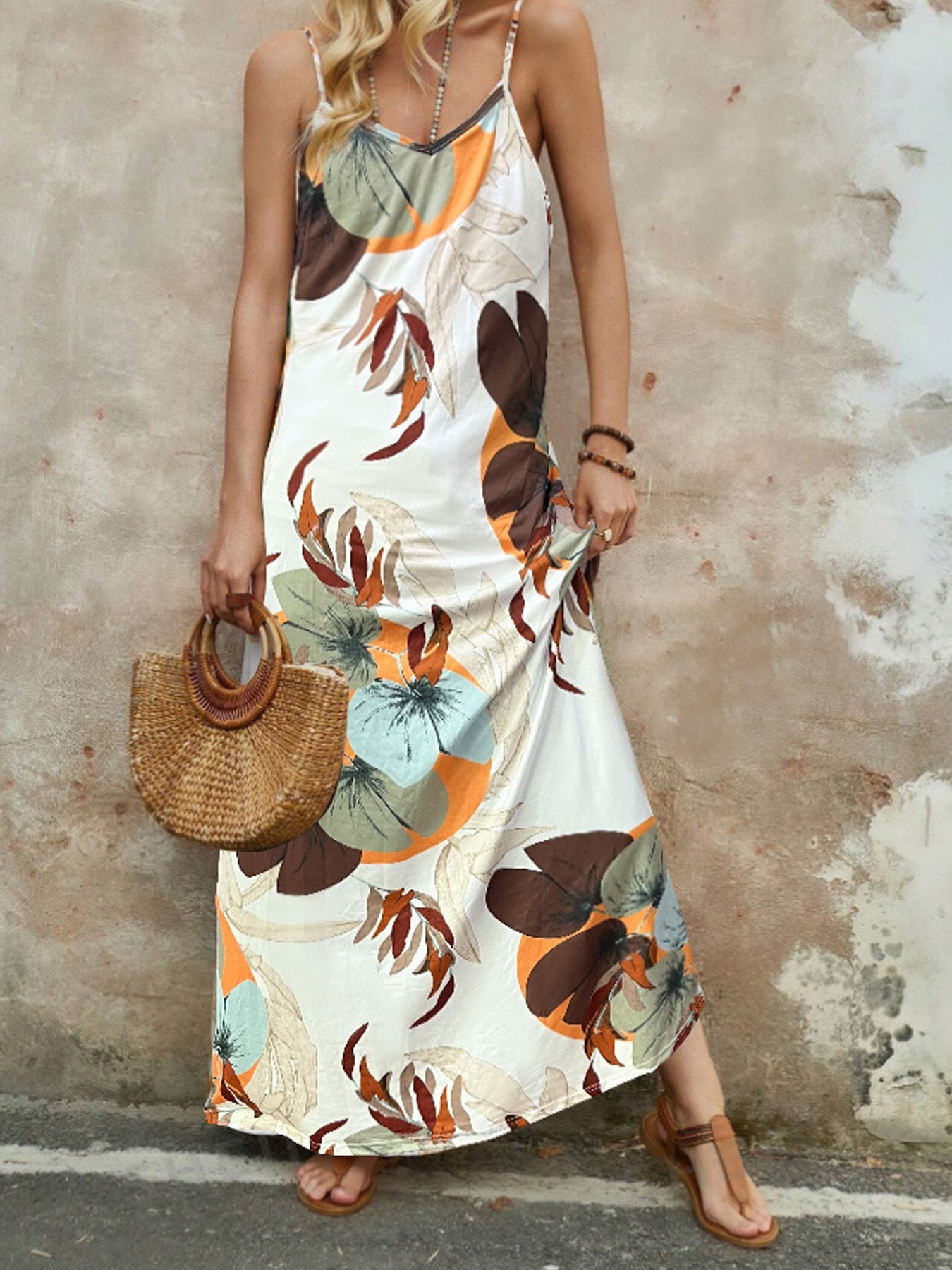 Resort-Style Printed Casual V-Neck Slip Dress With Straps