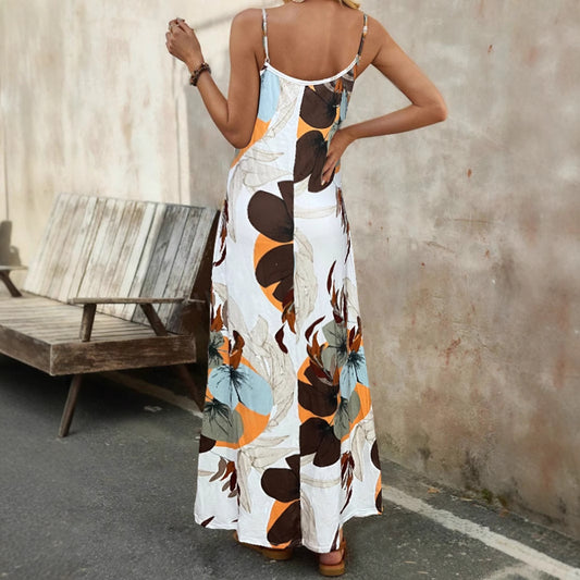 Resort-Style Printed Casual V-Neck Slip Dress With Straps