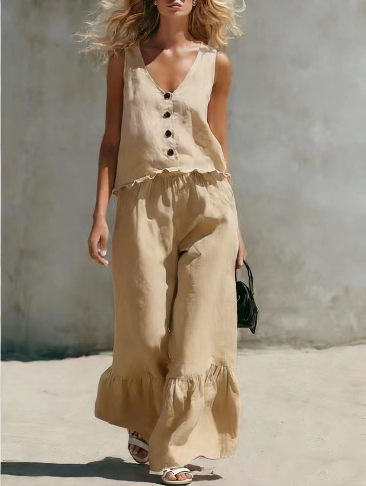 Womens Fashion Casual Solid Color V-Neck Vest And Pants Two-Piece Set