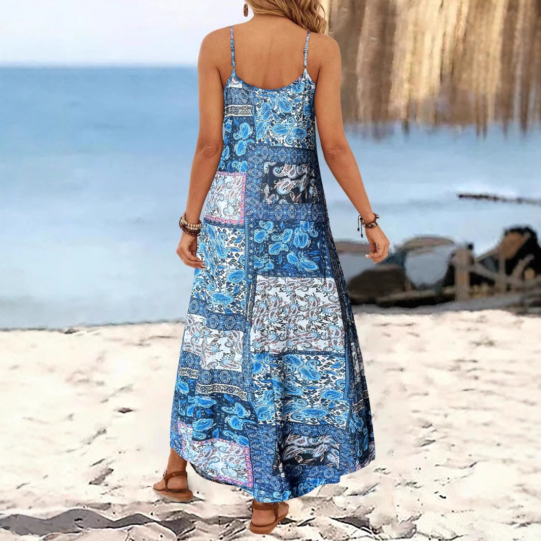 Resort-Style Printed Casual V-Neck Slip Dress With Straps