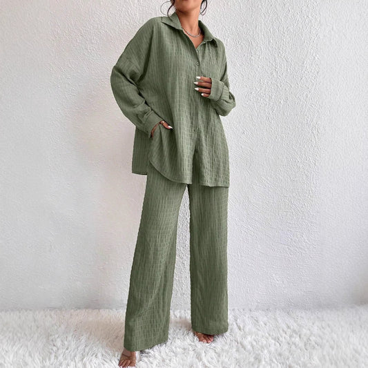 Summer Style Pleated Long-Sleeve Lapel Loose Two-Piece Set