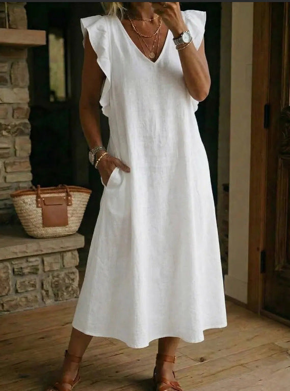 Womens Loose Cotton-Linen Suspender Dress With Ruffled Sleeves