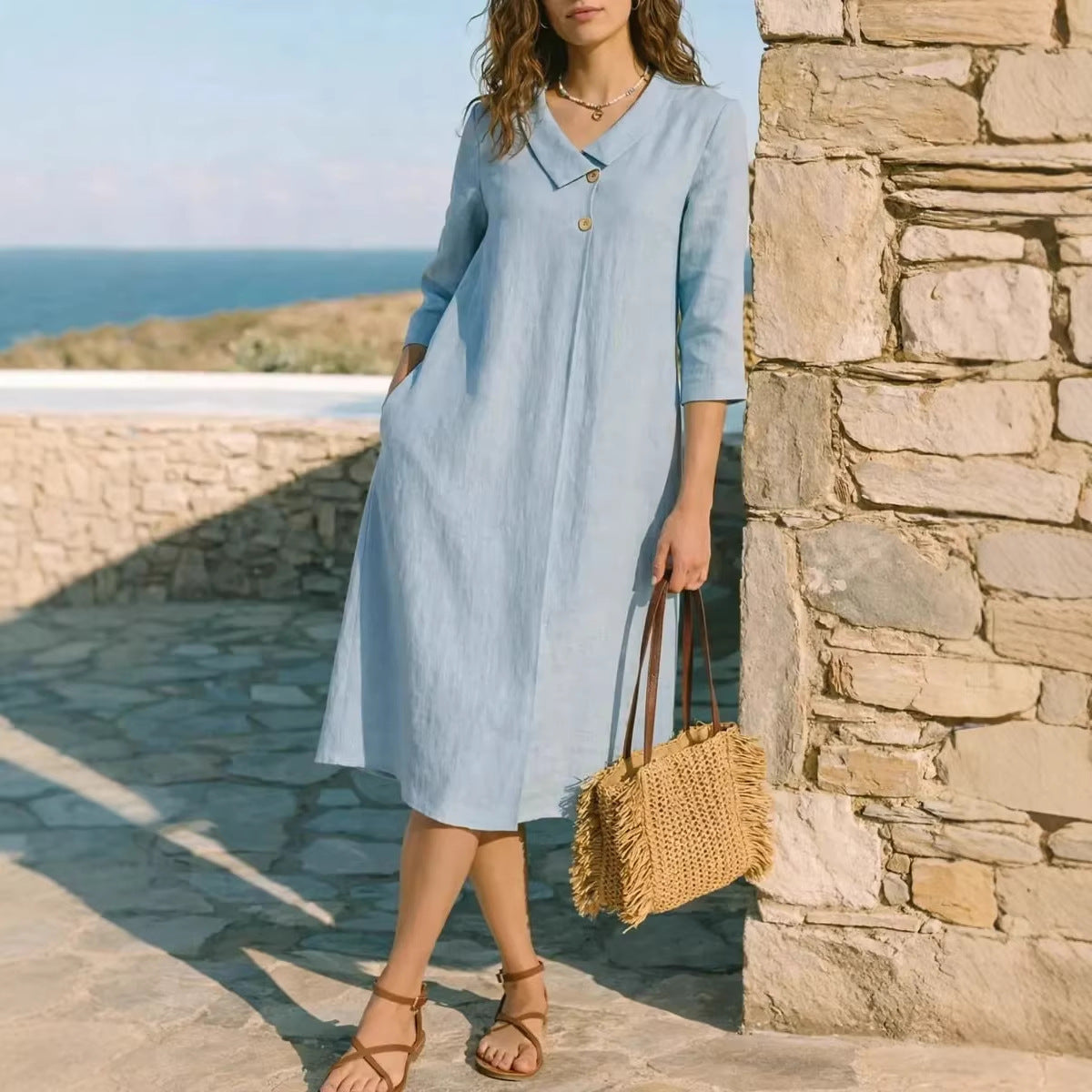 Womens Linen Irregular Suit-Style Collar Dress