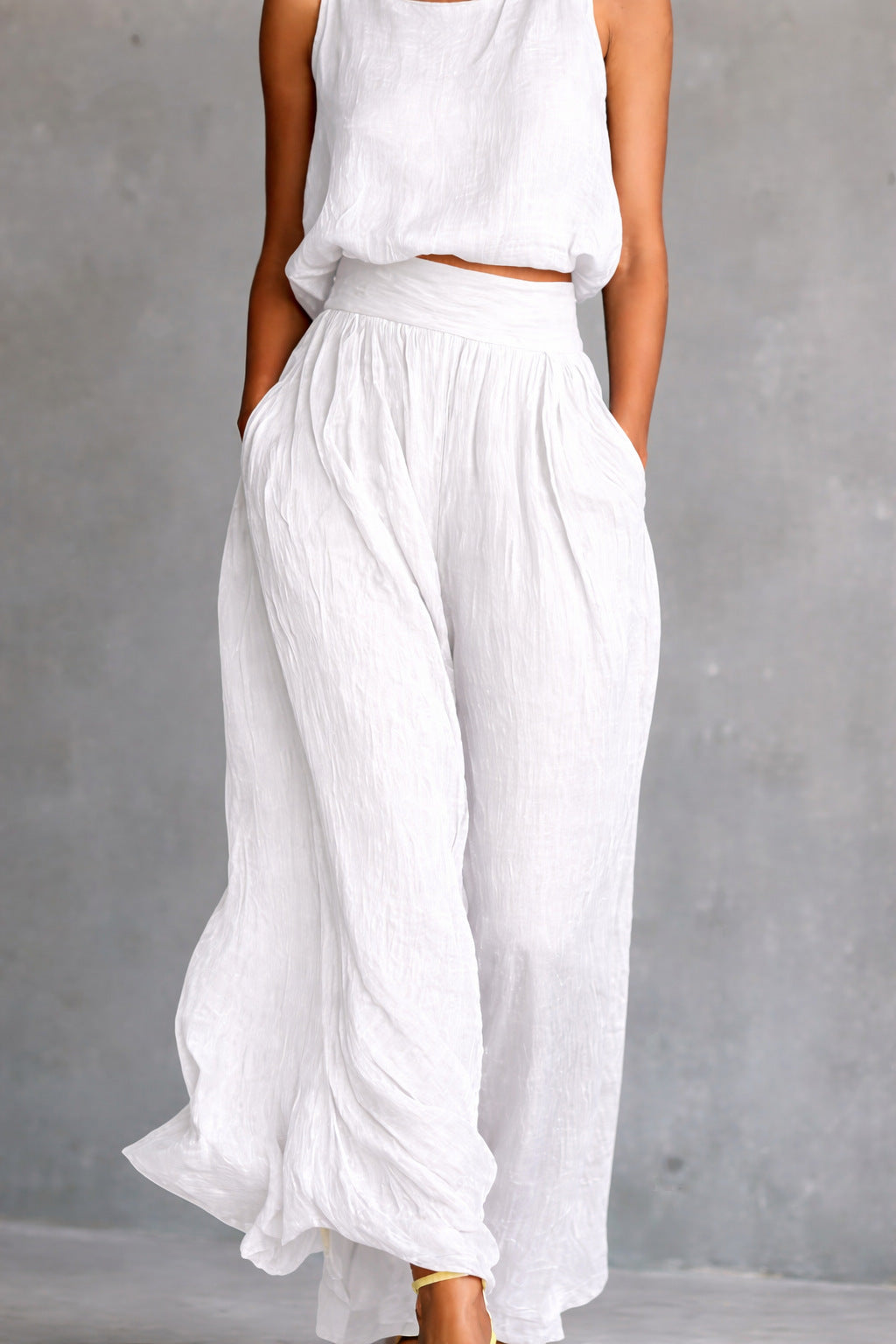 Casual Sleeveless Loose Crew-Neck Top And Wide-Leg Pants Set