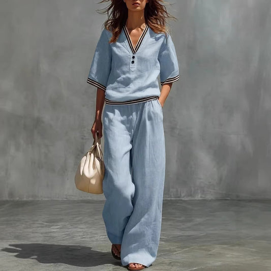 Cotton-Linen V-Neck Casual Comfortable Short-Sleeve Shirt And Pants Set