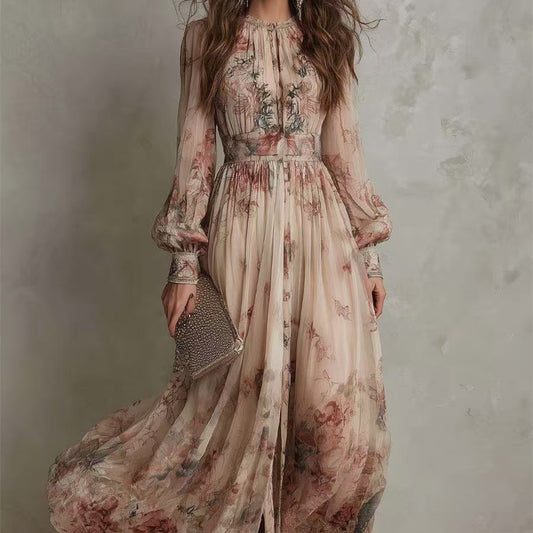 Retro Chiffon Printed Crew-Neck Long-Sleeve Pleated Waist Floral Dress