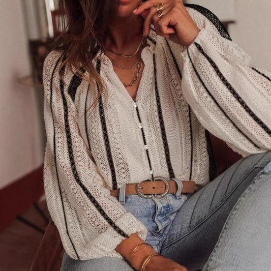 Bubble-sleeve Geometric-patterned Sheer Button-up Shirt
