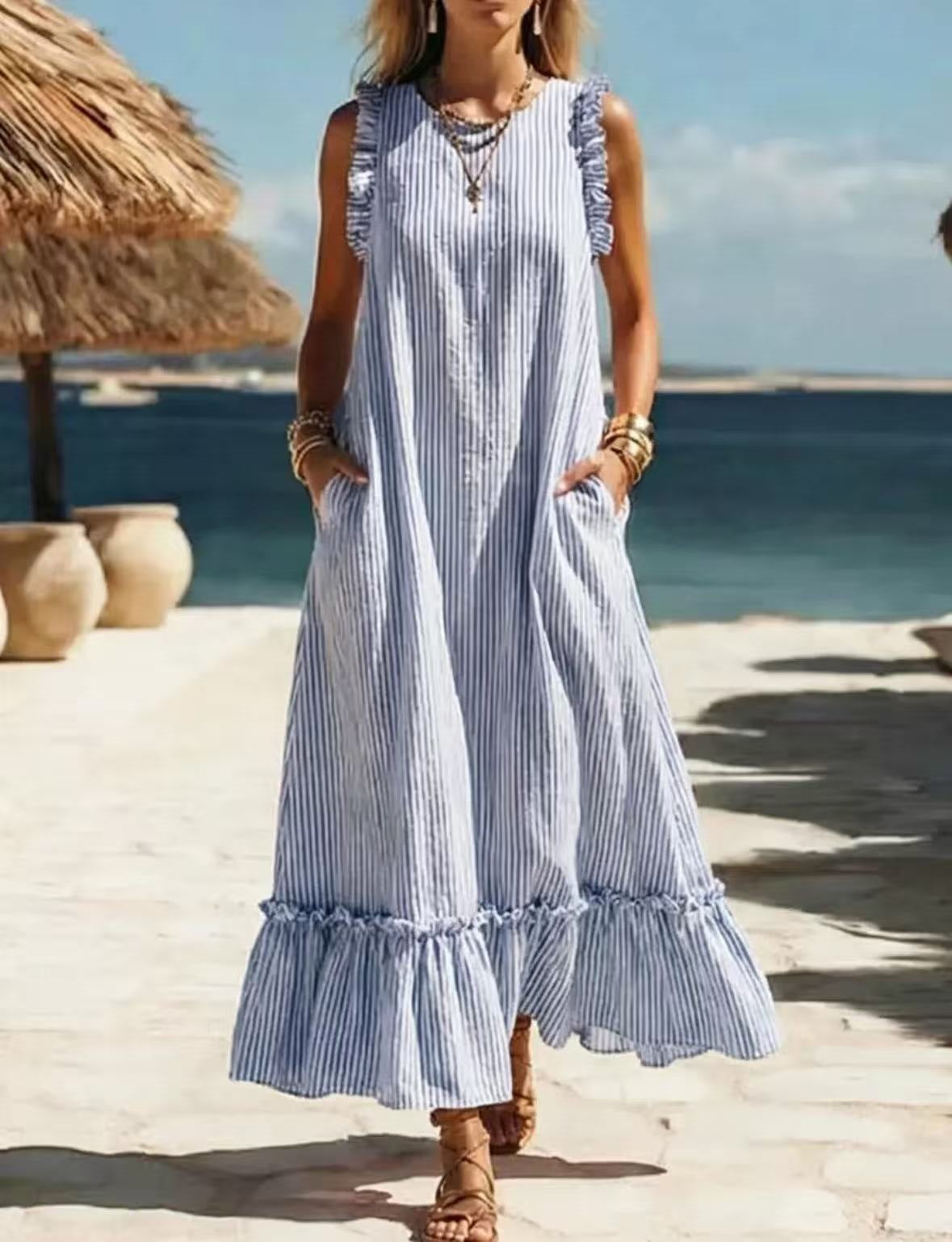 Sleeveless Ruffled Loose Striped Dress