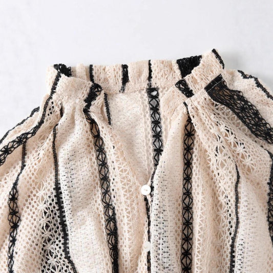 Bubble-sleeve Geometric-patterned Sheer Button-up Shirt