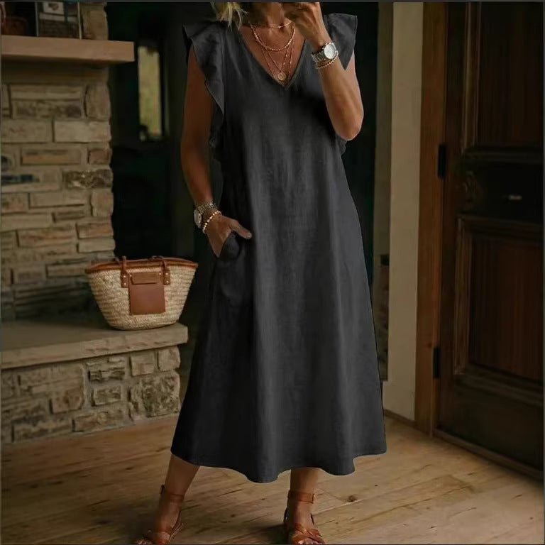 Womens Loose Cotton-Linen Suspender Dress With Ruffled Sleeves