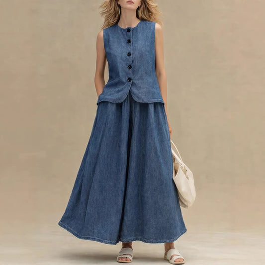 Womens Crew-Neck Denim Top And High-Waist A-Line Skirt Denim Set