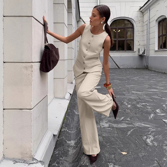 Elegant Commuter Vest And Wide-Leg Pants Two-Piece Set