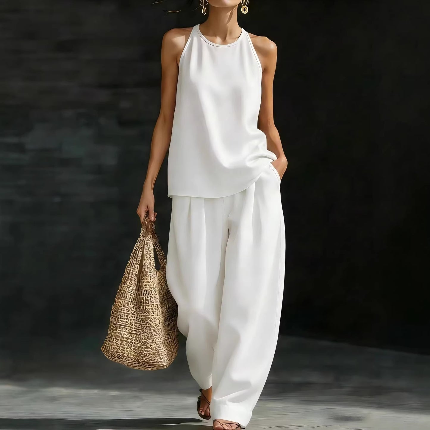 New Womens Crew-Neck Sleeveless Fashionable Casual Set