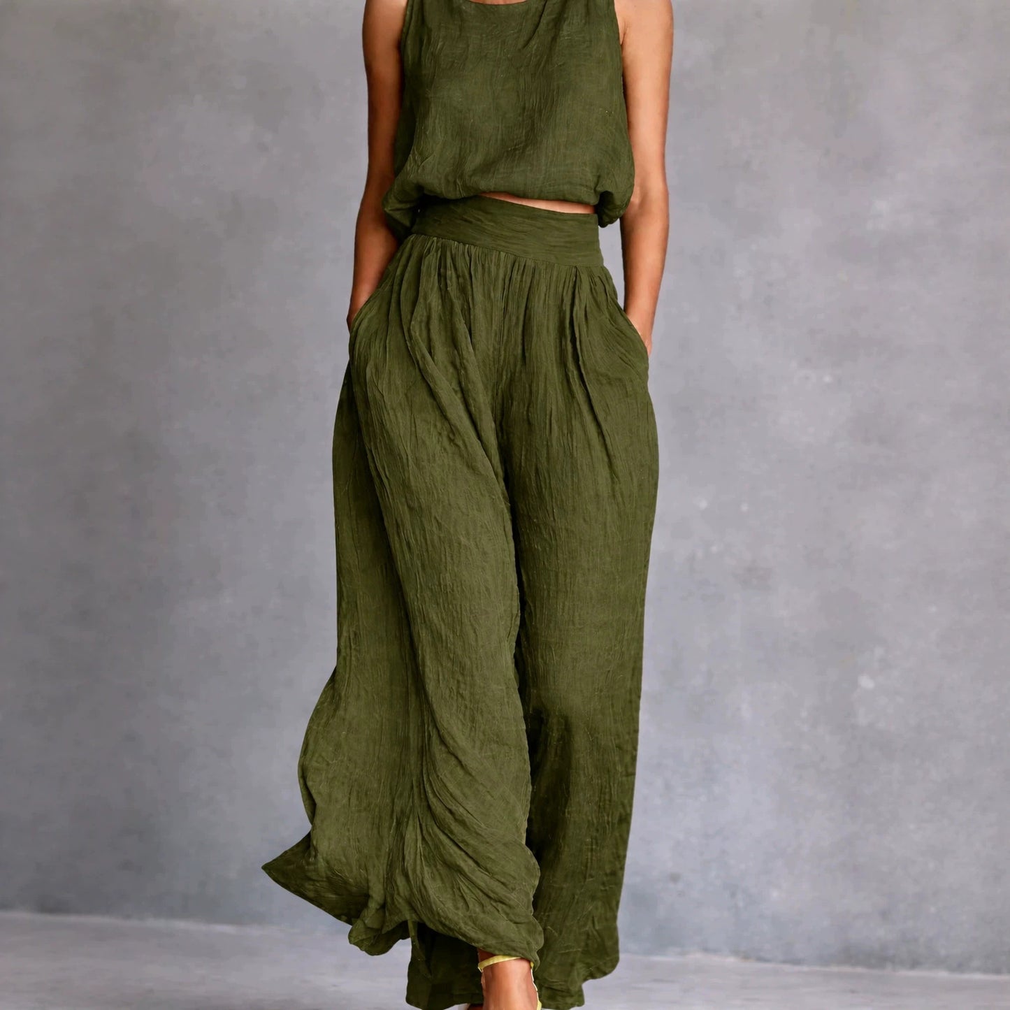 Casual Sleeveless Loose Crew-Neck Top And Wide-Leg Pants Set