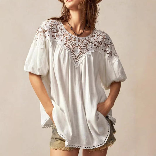 Lace-panelled Round-neck Short-sleeve Loose Womens Blouse
