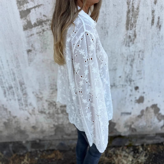 Sweet And Elegant Embroidered Hollow-Out Cotton-Linen Shirt Casual Top