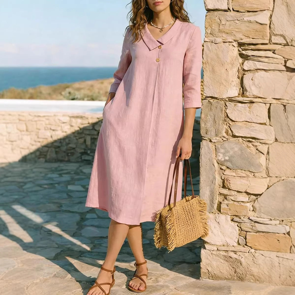 Womens Linen Irregular Suit-Style Collar Dress