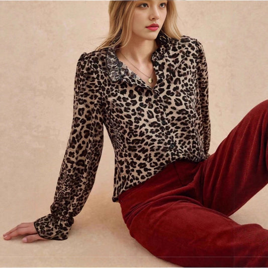 New Womens Casual Leopard-print Stand-collar Long-sleeve Cardigan Shirt
