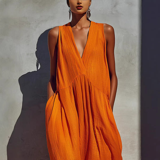 Summer Solid-Color V-Neck Resort-Style Womens Dress