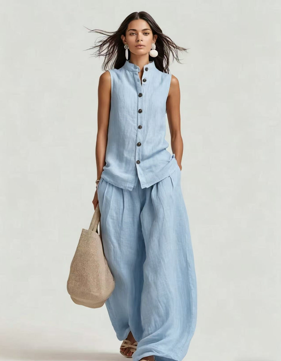 Stand-up Collar Sleeveless Shirt And High-waisted Wide-leg Pants Set
