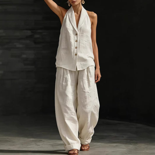 Wide-leg Pants Suit Womens Cotton-linen Fashionable Two-piece Set