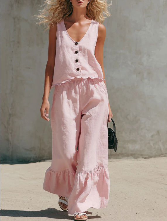 Womens Fashion Casual Solid Color V-Neck Vest And Pants Two-Piece Set