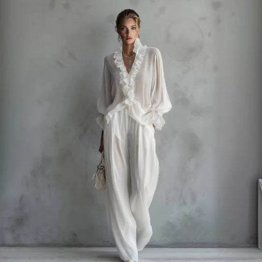 Lace Long-sleeve Shirt And Wide-leg Pants Set