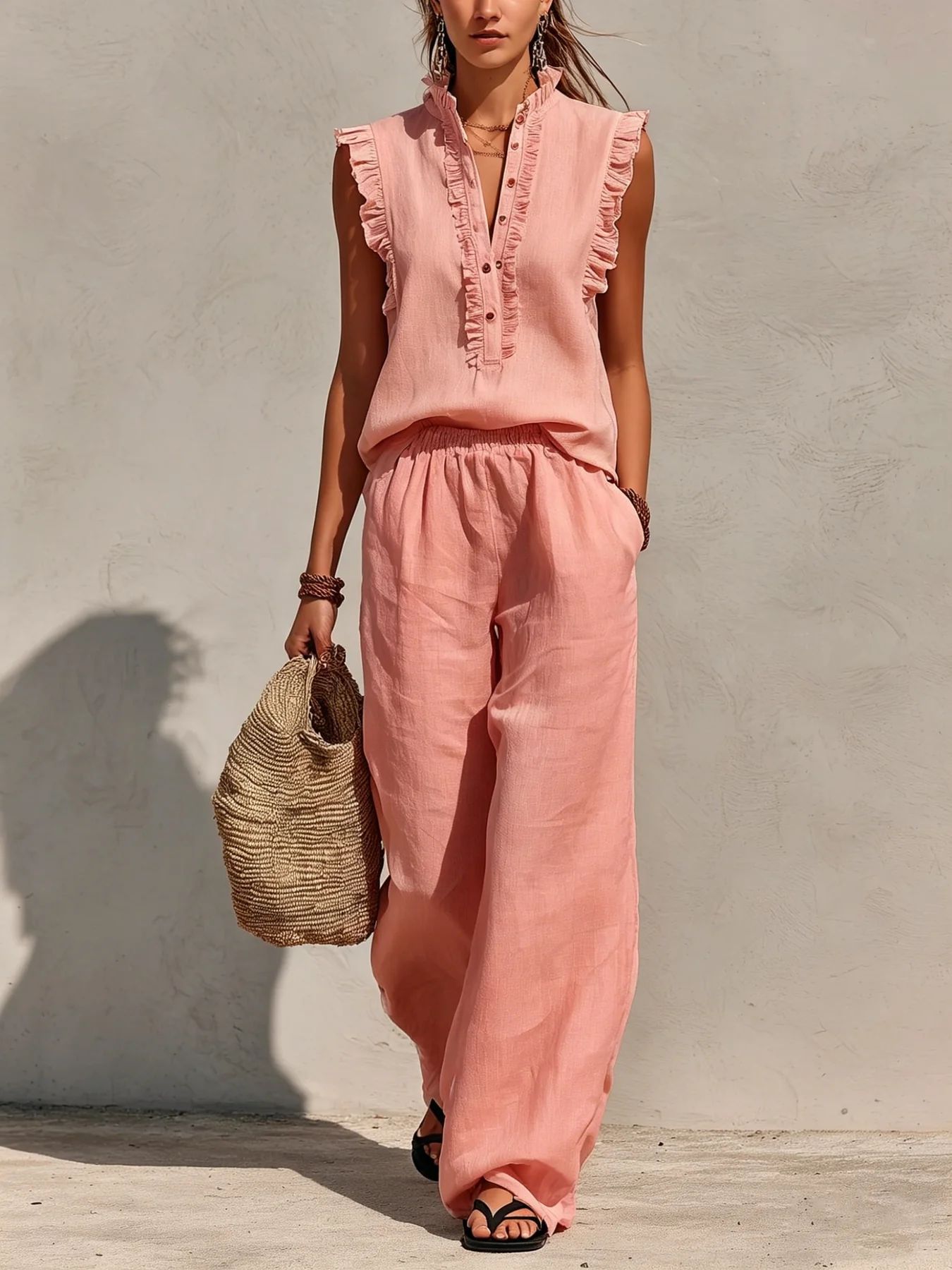 Sleeveless Ruffled V-neck Top And Elastic-waist Wide-leg Pants