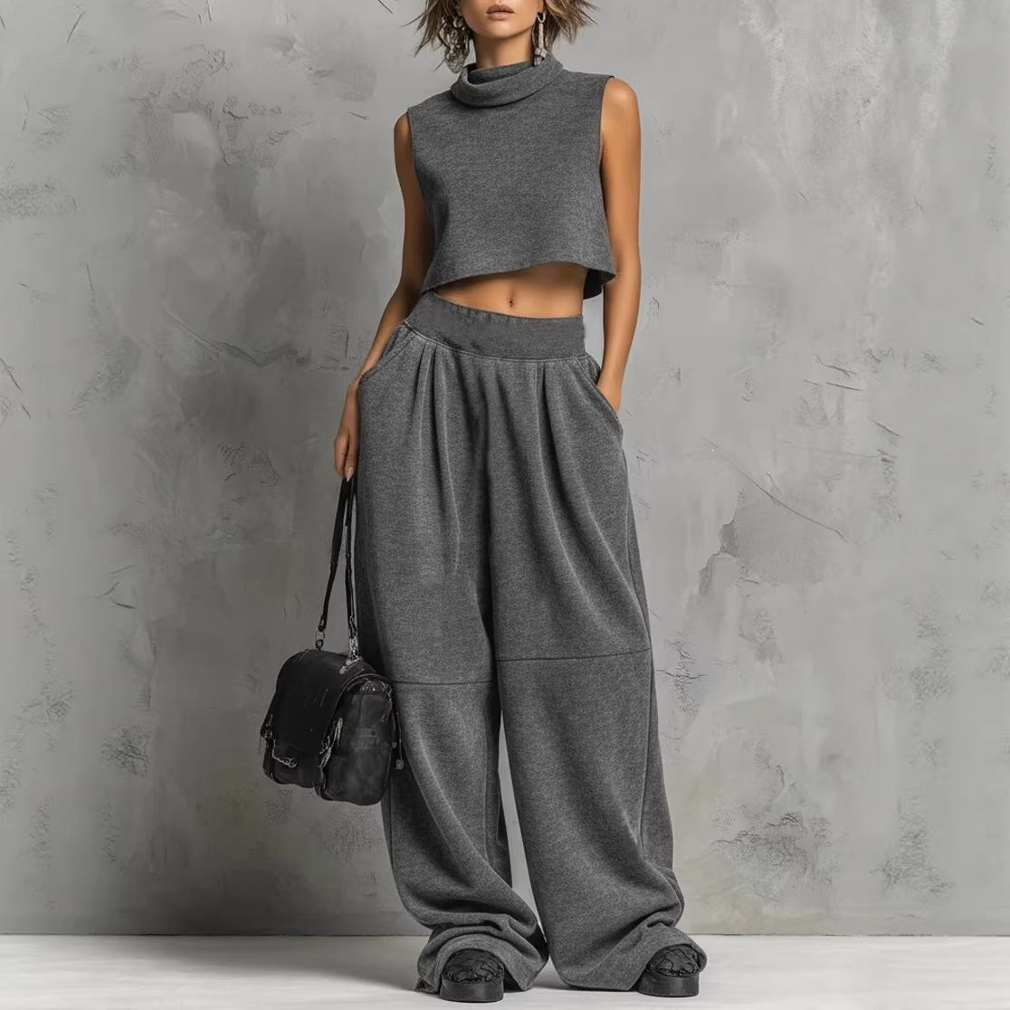 Womens Simple Loose Sleeveless Sweatshirt And Sweatpants Set