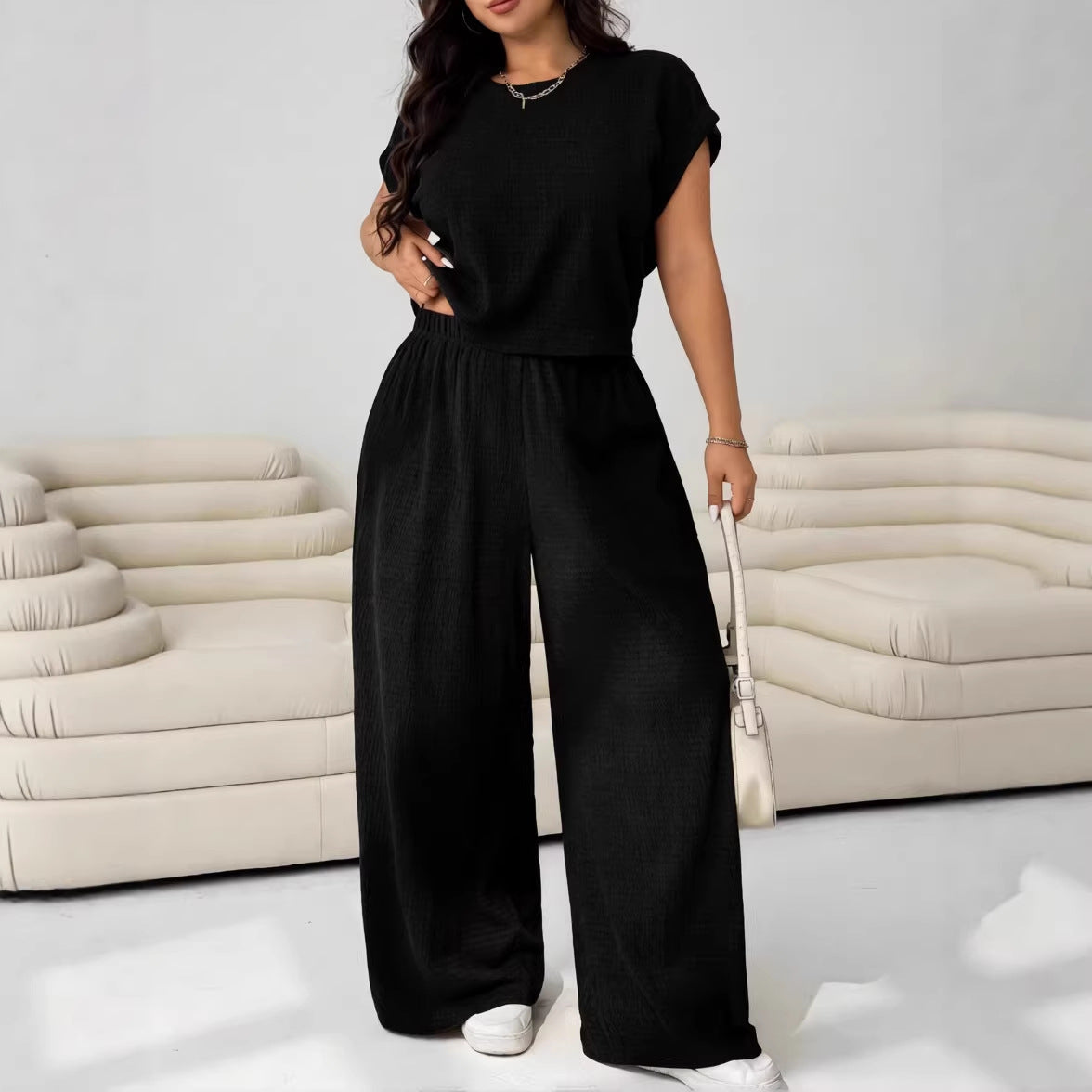 Casual Set Short-Sleeve Top And Wide-Leg Pants Two-Piece Suit