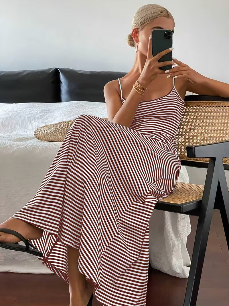 Fashionable Short-Sleeve Tank Top Backless Striped Slip Dress