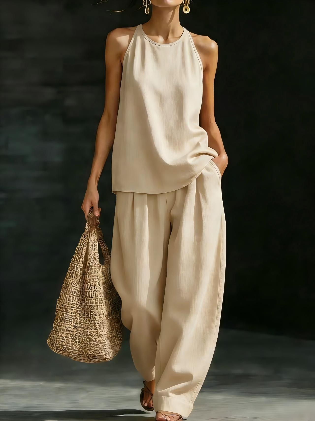 New Womens Crew-Neck Sleeveless Fashionable Casual Set