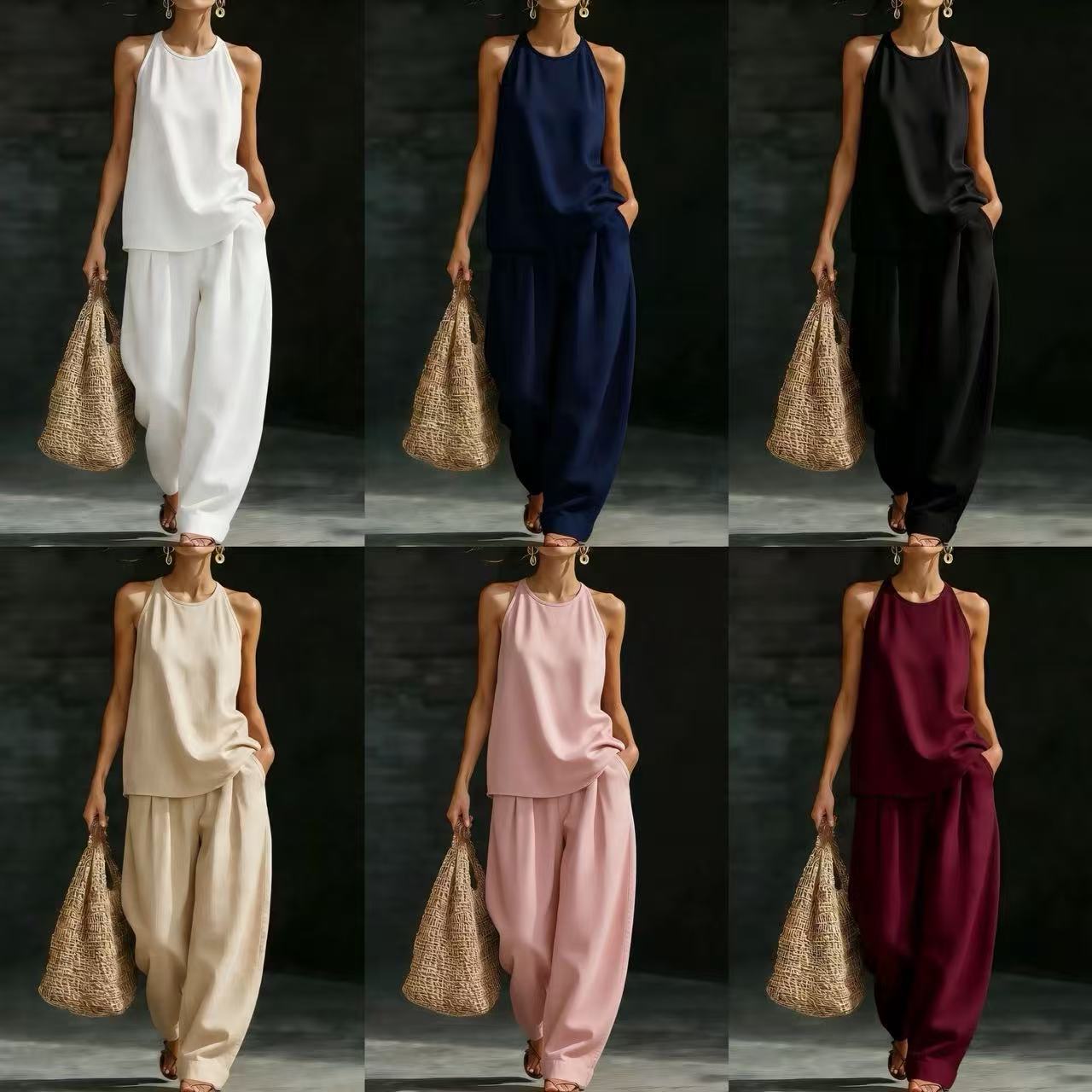 New Womens Crew-Neck Sleeveless Fashionable Casual Set