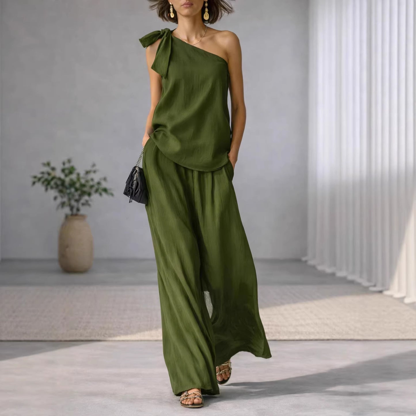 Sleeveless One-shoulder Top With Tie Detail And Wide-leg Pants