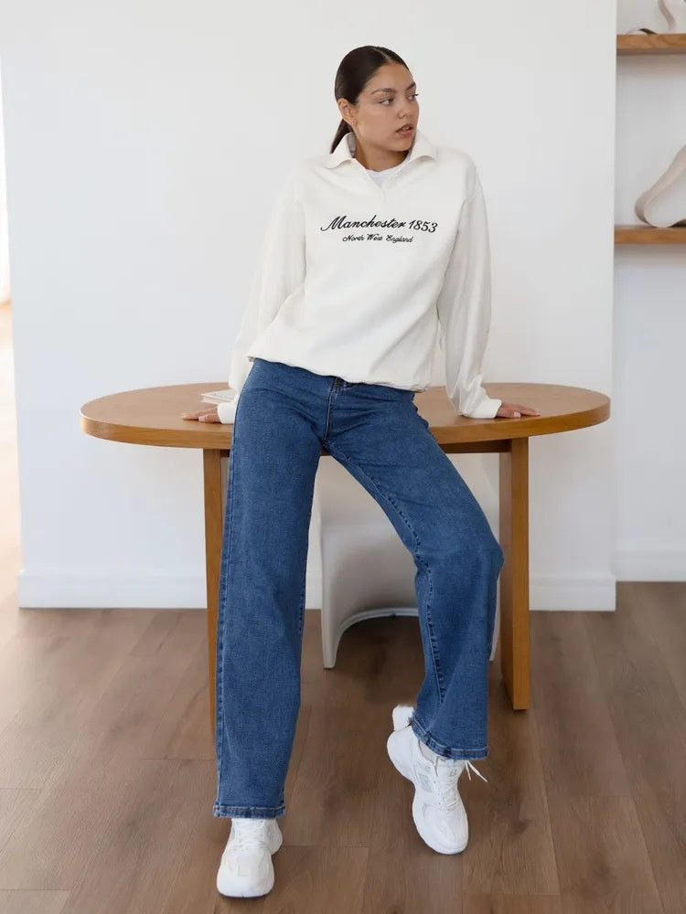 European And American-style Casual Solid-color Straight-leg High-waist Womens Washed Denim Jeans
