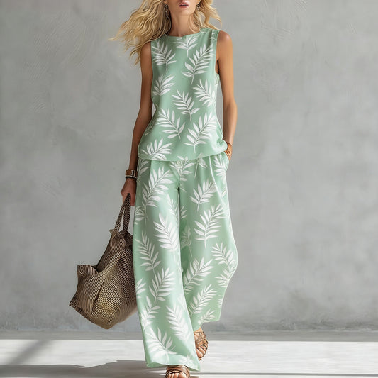 Women's Casual Sleeveless Printed Wide-Leg Pants Two-Piece Set