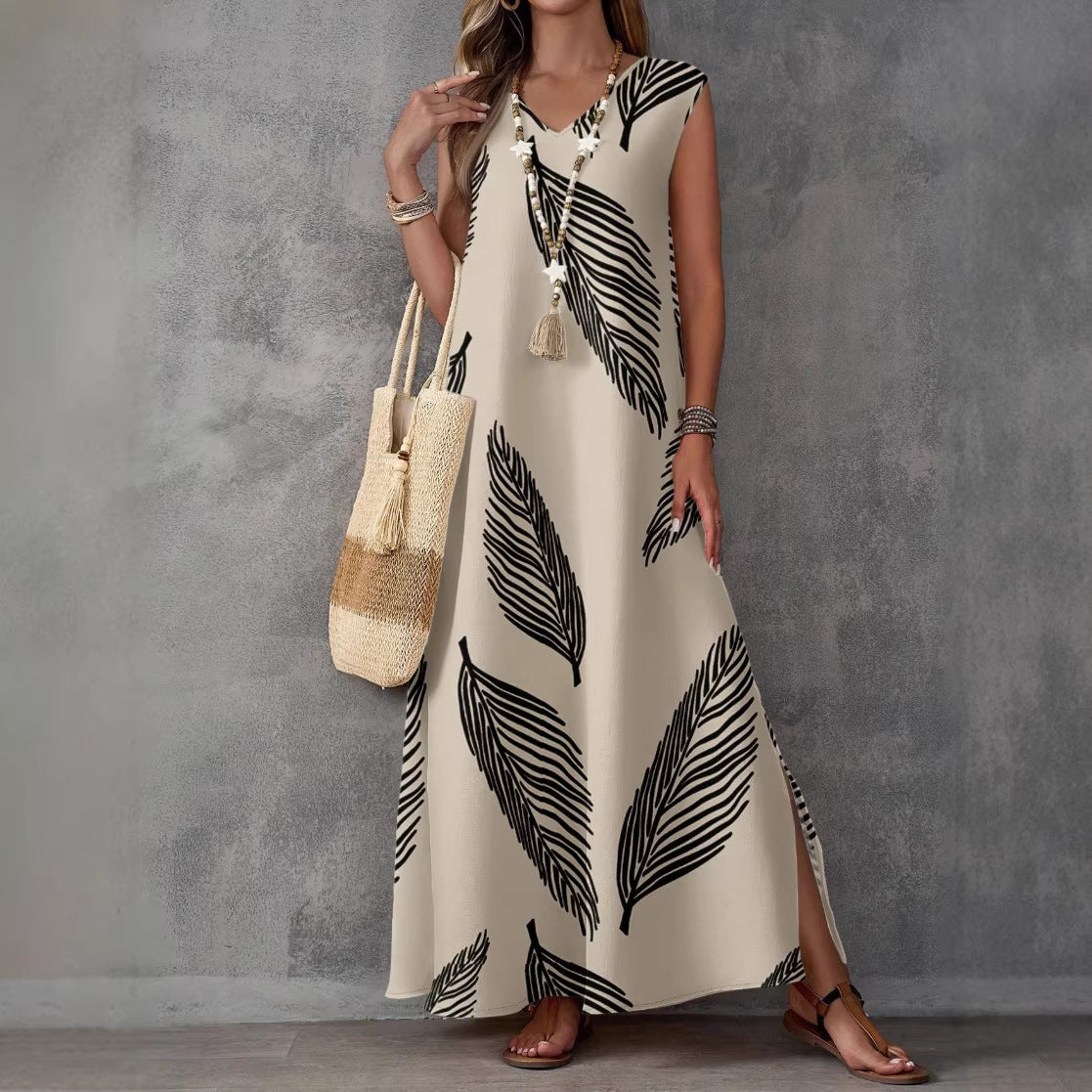 Summer Vacation Style Casual Printed V-Neck Dress