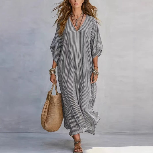 Loose-fitting Plus-size Resort Maxi Dress V-neck Shirt-style Striped Sundress