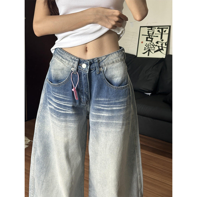 Womens Distressed Washed Straight-Leg Tapered Wide-Leg Pants