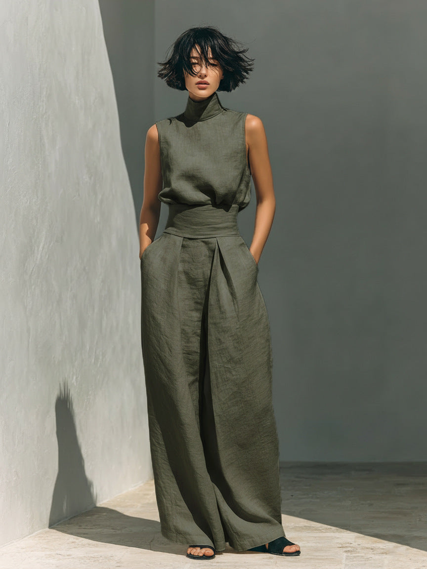 Womens Simple Cotton-Linen Blend Sleeveless Top And Wide-Leg Pants