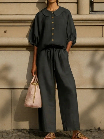 Fashionable Collar Shirt And Wide-Leg Pants Linen Two-Piece Set