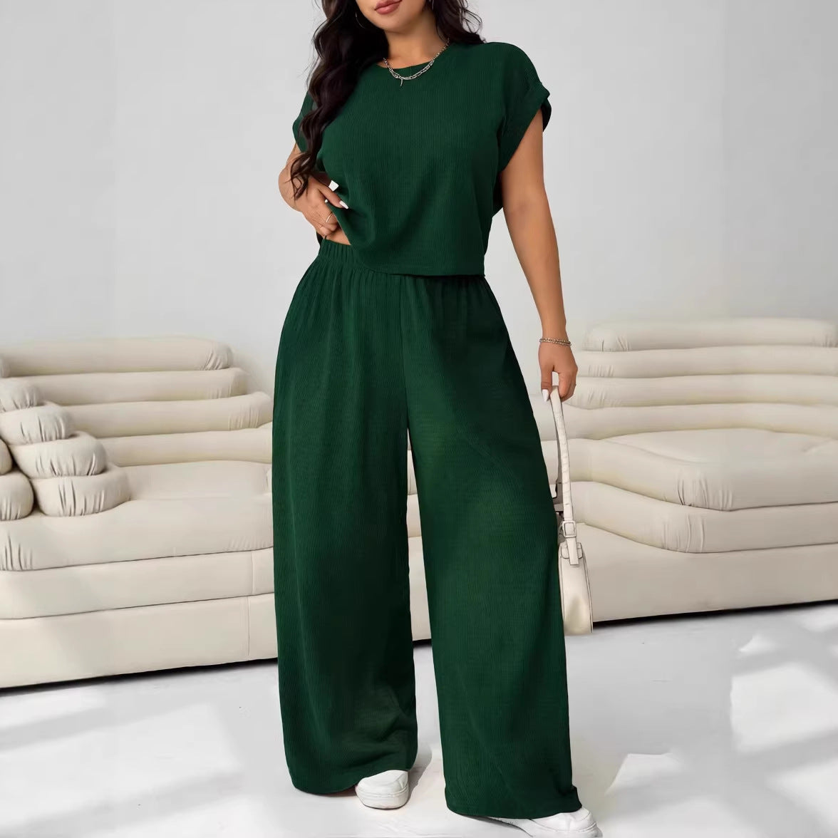 Casual Set Short-Sleeve Top And Wide-Leg Pants Two-Piece Suit