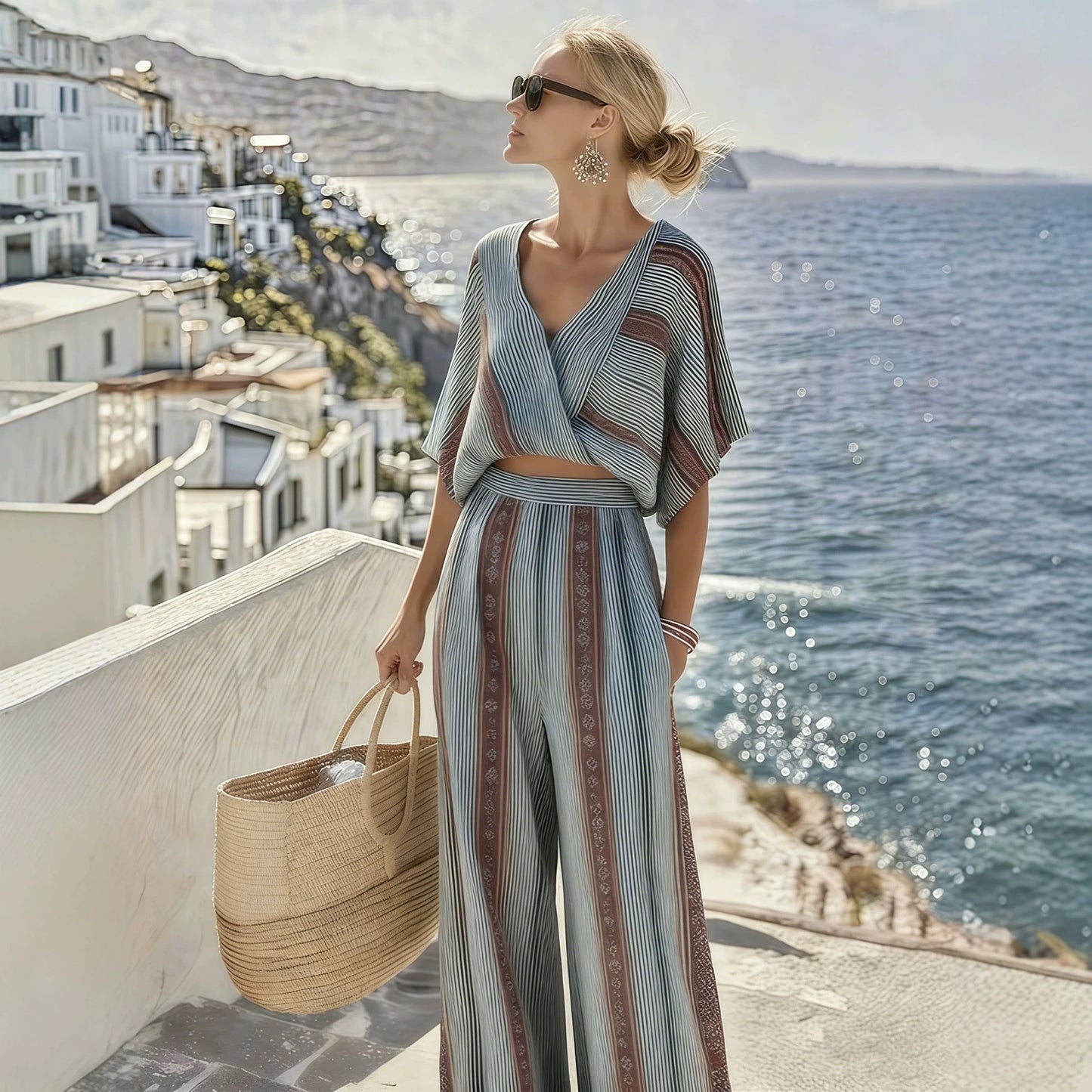Striped Print V-Neck Short-Sleeve Pants Casual Set