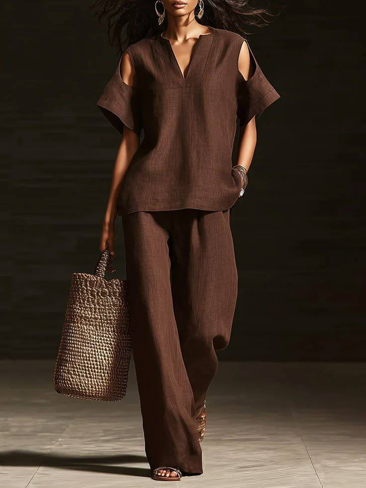 Womens Solid-Colored V-Neck Straight-Leg Pants Short-Sleeve Set With Ripped Details