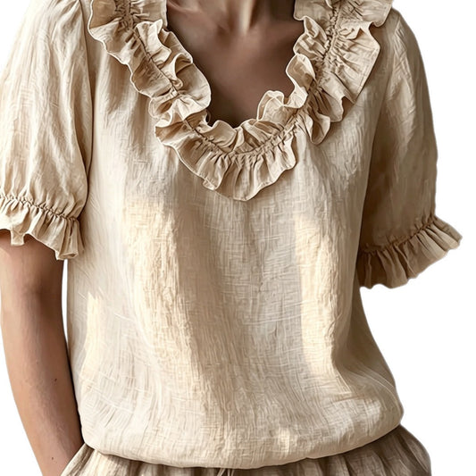 Women's Solid-Color Fashionable Casual Ruffle-Trimmed Crew-Neck Shirt